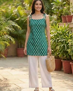Women Green Printed Sleeveless Kurti Top
