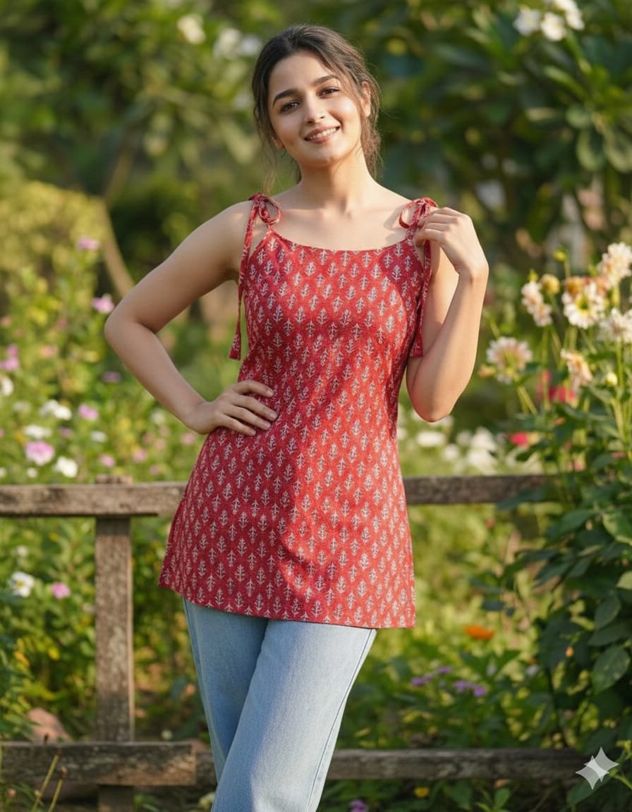 Women Red Floral Printed Sleeveless Kurti Top (Copy) - Image 2