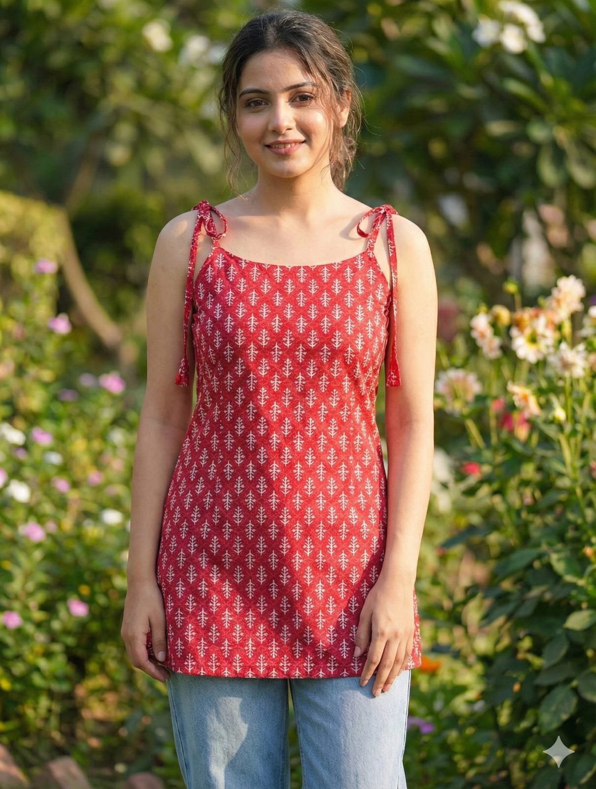 Women Red Floral Printed Sleeveless Kurti Top (Copy) - Image 3